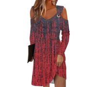 blitzangebote des Tages sexy Kleid Damen Sommerkleid Damen sexy Abendkleider lang V-Ausschnitt Blumen Druck Kalte Schulter Lange Ärmel Mini Kleid Strickkleid Damen Spitzenkleid (Wine, M)