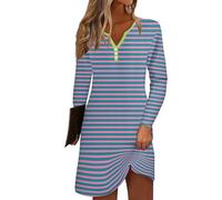 Blitzangebote Des Tages, Sommerkleid Damen Elegante Kleider Damen Gestreiftesdruck V-Ausschnitt Lange Ärmel Bluse Kleid Casual Knopfleiste Minikleid Damen Kleid Schicke Sommerkleider(Purple,3Xl)