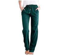 Blitzangebote, Sommerhose Damen Leicht Sommerhosen Damen Einfarbig Baumwolle Leinen Hose Casual Leicht Freizeithose Elastisch Taille Strandhose Damen Hose Damen(1-Dark Green,M)