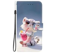 BLOTECH Brieftasche Wallet Flip Case für Realme 15 Limonade trinkendes Tigerjunges Glänzende Glitzernd mit 3 Kartenfächern und Magnetknopf [Free Wrist Strap] Folio TPU Innenständer Schutzhülle