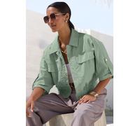Blouson LASCANA "aus leichter Webware mit 3/4-Ärmeln", Damen, Gr. 36/38, olivgrün, Web, Obermaterial: 65% Polyester, 35% Polyamid, unifarben, figurumspielend hüftlang, mit Riegel, Jacken Blouson, Somm
