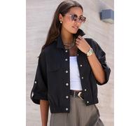 Blouson LASCANA "aus leichter Webware mit 3/4-Ärmeln", Damen, Gr. 44/46, schwarz, Web, Obermaterial: 65% Polyester, 35% Polyamid, unifarben, figurumspielend hüftlang, mit Riegel, Jacken Blouson, Somme
