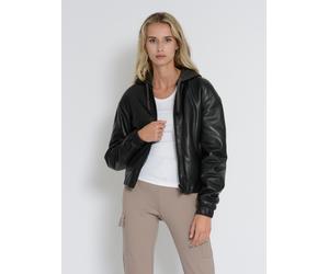 Blouson MUSTANG "31022232", Damen, Gr. M, schwarz, Obermaterial: 100% Lammleder. Innenfutter: 60% Baumwolle, 40% Polyester. Ärmelfutter: 100% Polyester. Wattierung: 100% Polyester. Kapuze: 55% Baumwol