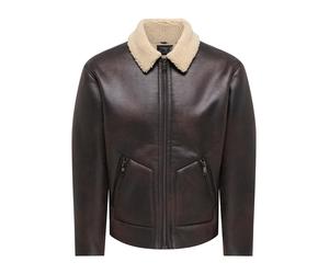 Blouson ONLY & SONS "ONSRIKER PU SHEARLING JACKET OTW VD", Herren, Gr. L, braun (hot fudge detail:ecru collar), Web, Obermaterial: 100% Polyester, unifarben, regular fit normal, Rippbündchen, Jacken B