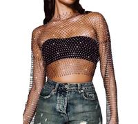 BLPRKOT Tank Top Damen Mesh Crop Top Durchsichtiges Glänzende Netzshirt Fischnetz Strasssteine Cover Up Kristall Sheer Mesh Top Aushöhlen Sparkle Club Wear Sexy Pailletten Netzoberteil (M)