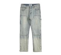 (Blue, 32) Men's Clothing Casual Washed Distressed Spliced Straight-leg Pants Mens Double Knee High Street Bottom Side Buttons