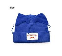 (blue)Cat Ear Patch Knitted Hat Couple Knitted Piglet Wool Hat Cold Hat Autumn Winter Warm Hat Beanies Hat Cap Hip Hop Women Hat