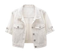 BlueFire2015 Damen-Jeansjacke mit kurzen Ärmeln, Knopfleiste, Stretch, Jeansjacke, Weiss/opulenter Garten, X-Small