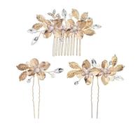 Blütenkranz für die Braut Goldlegierungs-Blumen-Haarkamm- und Nadel-Set, 3-teilig, Braut-Kopfschmuck, Perlen Kristalle, Hochzeit-Kopfschmuck, Schmuck-Accessoires