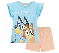 BlueY Schlafanzug Mädchen Kurz, Sommer Pyjama Set T-Shirt & Shorts - Geschenke für Kinder (Blau/Aprikose, 2-3 Jahre)