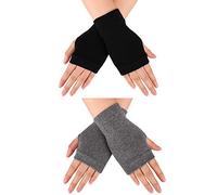 Blulu Fingerless Warm Gloves with Thumb Hole Cozy Half Fingerless Driving Gloves Knit Mittens for Men, Women (Black, Grey, 2 Pairs)