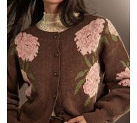 Blumen-Intarsien-Strickjacke mit Knopfleiste und langen Ärmeln in Braun, Herbst/Winter 2026, Western-Stil, Cowgirl-Kleidung, Rodeo, weiblicher Country