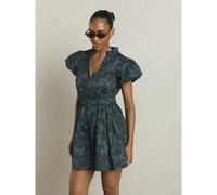 Blumen-Jacquard-Minikleid mit Rüschen-Hochhals, V-Ausschnitt, Puff-Cap-Ärmeln, gegürteter Taille, Fit-and-Flare-Silhouette, für Sommer-Gartenparty