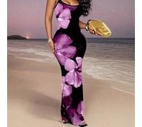 Blumen-Muster Trägerkleid, geeignet für Strandurlaub Damen Trägerkleid Maxikleid Schwarz und Lila Kleid Blumen-Muster Kleid Langes Blumenkleid, Sommer