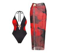 Blumen-Rock Badeanzug für Frauen, bedruckter Einteiler mit Mesh Maxirock und Metallblüten Dekor