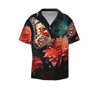 Blumen- und Schmetterlingshemd für Herren, kurzärmelig, Button-Down-Shirt, modisches und bequemes Sommerhemd, Schwarz , 3XL