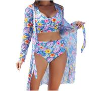 Blumendruck Badeanzug Damen Bauchweg Sale, Push Up Oberteil mit Badeshorts mit Bikini Cover Up Strandtunika Bademode Sets Sonnenschutz Hawaii Strandponcho Schwimmanzug mit Bügel Strandmode 3-teilig