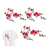Blumenflicken, Basteln, bestickt, Pflaumenblüte, dekorativ, 4 Stück | Blumenzweige Aufnäher für Kleidung, Jeansjacke, Hemd, Hoodie, Brautkleid, Hut, Rucksack