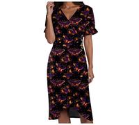 Blumenkleid Damen Elegant Blumen Drucken Sommerkleid mit Knopf Sexy V-Ausschnitt Puff Ärmel Maxikleid Sommer Elegant Slim Wickelkleid Frauen Casual Midikleid mit Blumenmuster Modische Freizeitkleid
