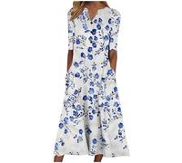 Blumenkleid Damen Sommer Blusenkleid Lang Trendy Freizeitkleid V-Ausschnitt Druck Sommerkleider Vintage Modische Kleider mit Taschen Wickelkleid A-Linie Tailliert Urlaub Strandkleid