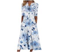 Blumenkleid Damen Sommer Blusenkleid Lang Trendy Freizeitkleid V-Ausschnitt Druck Sommerkleider Vintage Modische Kleider mit Taschen Wickelkleid A-Linie Tailliert Urlaub Strandkleid