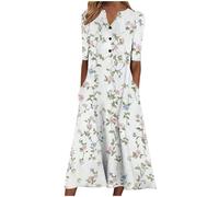 Blumenkleid Damen Sommer Blusenkleid Lang Trendy Freizeitkleid V-Ausschnitt Druck Sommerkleider Vintage Modische Kleider mit Taschen Wickelkleid A-Linie Tailliert Urlaub Strandkleid