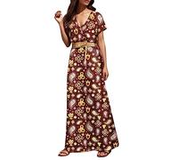 Blumenkleid Damen, Sommerkleid Rot Damen Sommer Elegant Boho Sommerkleid Kleid A-Linie Wickelkleid Freizeitkleider Hohe Taille Tunika Curvy Blumenkleid Sommerkleider Strandkleid