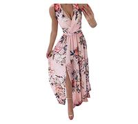 Blumenkleid Mit Schlitz - Kleid Damen Elegant Lang Blumen Sommerkleid Leicht Chiffon Strandkleid V Ausschnitt Wickelkleid Ärmellos Sommer Maxikleid A Linie Sommerkleider Sexy Swing Kleid