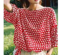 Blumenmuster locker geschnittenes Rundhals-Pullover-Top mit Kordelzug an der Taille und kurzen Ärmeln - entspannte Passform, Polyester, Blumenmuster U