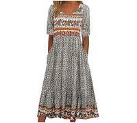 Blumenmuster Sommerkleid Damen Sale, Bohemien Drucke Kleid Damen Lang Maxikleid Kurzarm Ärmel Freizeitkleider A-Linie Strandkleid Mit Rundhals Im Swing-Stil Mit Taschen Freizeitkleid Sommerkleider
