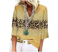 Bluse 3/4 Arm V-Ausschnitt Top Print T Shirts Herbst Winter Oberteil 2024 Blusenshirt 3/4 Arm Elegant Bluse Tunika Lose Hemd Oversize Blusentop Lässig Tee Mode Clothes(#D Gold,3XL)