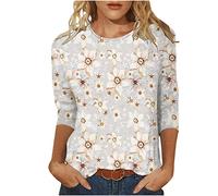 Bluse Damen 3/4 Ärmel Oberteile Lässig Blumendruck Tunika 2023 Shirt Sommer Tshirt O-Ausschnitt Pullover Tee Tops Longbluse Casual T-Shirt Lose Bequeme Blusentops Sportbekleidung für Outdoor