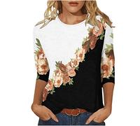 Bluse Damen 3/4 Ärmel Oberteile Lustige Blumendruck Tshirt Tunika 2023 Shirt Sommer Pullover mit Rundhalsausschnitthals Tops Longbluse Urlaub T-Shirt Lose Bequeme Blusentops Beachwear für Outdoor