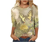 Bluse Damen 3/4 Arm Oberteile Lustige Blumendruck Tunika 2023 Shirt Sommer Tshirt Pullover mit Rundhalsausschnitthals Tops Longbluse Slim Fit T-Shirt Teenager Mädchen Sportbekleidung für Outdoor