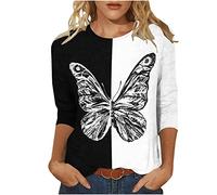 Bluse Damen Bunte Schmetterling Drucken Tshirt 3/4 Arm Oberteile 2023 Tunika Shirt Sommer Pullover mit Rundhalsausschnitthals Tops Longbluse Blusen & Tuniken für Damen Locker T-Shirt Blusentops