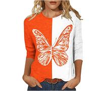 Bluse Damen Bunte Schmetterling Drucken Tshirt 3/4 Arm Oberteile 2023 Tunika Shirt Sommer Pullover mit Rundhalsausschnitthals Tops Longbluse Blusen & Tuniken für Damen Locker T-Shirt Blusentops
