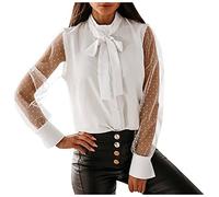 Bluse Damen Business Elegant Blusen Chiffonbluse Rundhals Einfarbig Langarmshirts Lose Transparentes Mesh-Oberteile Lässig Große Größen Hemdbluse mit Schleife Herbst Frühling Shirts