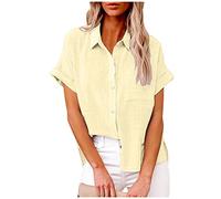 Bluse Damen Button Down Leinenbluse Eelgant Einfarbig Hemdbluse Sommer Baumwolle Leinen Tshirt Große Größen Hemd Kurzarm Shirt Blusenshirt Leinenhemd Damenblusen Longbluse Blusen & Tuniken für Damen