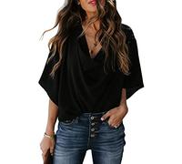Bluse Damen, Chiffon-Bluse Für Damen Sommer Elegant Solide Wasserfallausschnitt Oberteile Modische Pullover Mit Fledermausärmeln Tunika-Oberteile Lässige Lockere Arbeitsblusen T-Shirts Für Damen