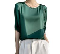 Bluse Damen,Damen-Bluse Aus Satin Sommer Elegant Schlicht Einfarbig Pullover Mit Rundhalsausschnitt Hemden Oberteile Modische Halbarm-Tunika-Oberteile Lässige Lockere Arbeitsblusen Seiden-T-Shirts