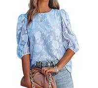 Bluse Damen, Damen Bluse Sommer Süße Blumen Jacquard Rundhalsausschnitt Chiffon Blusen Tops Elegante Puffärmel Tunika Tops Solide Lose Mode Arbeitsblusen T-Shirts Für Damen Mädchen,Hellblau,Xxl