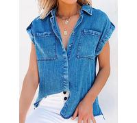 Bluse Damen,Damen-Jeansbluse Sommer Vintage-Waschung Verblasst V-Ausschnitt Hemden Oberteile Lässig Locker Ärmellos Button-Down-Blusen Tunika-Oberteile Distressed Chambray Jean Western-Hemden Blau M