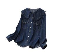 Bluse Damen,Damen Jeanshemd Langarm Elegant Rüschen Middy Colar Button Down Dunkelblau Jeanshemd Lässig Bluse Tunika Schicke Taschen Top Business Hemdjacke für Mädchen,M