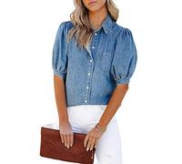Bluse Damen, Damen Kurzarm Jeanshemd Bluse Mode Hellblaue Waschung Verblasst V-Ausschnitt Hemden Oberteile Süße Lockere Puffärmel Button-Down-Blusen Elegante Tunika-Oberteile Für Damen Mädchen,Xl