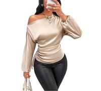 Bluse Damen,Damen-Seidensatin-Top Mit Einem Schulterträger, Laternenform, Langen Ärmeln, Geraffter Seite Und Kordelzug, Lässig-Elegant, Business-Look, Einfarbig, Leichtes Büro-Outfit, Farbe: Apr