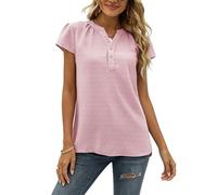 Bluse Damen, Damenbluse Schweizer Punktmuster Kurzarm Chiffonbluse Knopfleiste V Ausschnitt Puffärmel Sommerbluse Fließende Tuniken Lockere Lässige Oberteile für Den Alltag Rosa Größe M
