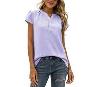 Bluse Damen, Damenbluse Schweizer Punktmuster Kurzarm Chiffonbluse Knopfleiste V Ausschnitt Puffärmeln Fließende Tuniken Lockere Lässige Oberteile für Den Alltag Flieder Größe M