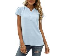 Bluse Damen, Damenbluse Schweizer Punktmuster Kurzarm Chiffonbluse Knopfleiste V Ausschnitt Puffärmel Fließende Tuniken Lockere Lässige Oberteile für Den Alltag Blau Xs