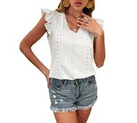 Bluse Damen, Damenbluse Sommer Elegant Weiß Hohl Spitze V-Ausschnitt Pullover Hemden Tops Stilvoll Gespleißte Rüschen Kurze Ärmel Tunika-Oberteile Lässige Strand-T-Shirts Für Damen Und Mädchen S