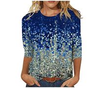 Bluse Damen Dreiviertelärmel Oberteile Elegant Blumendruck Tunika 2023 Shirt Sommer Tshirt Rundhals Pullover Party Tee Tops Longbluse Casual T-Shirt Lose Bequeme Blusentops Beachwear für Frauen